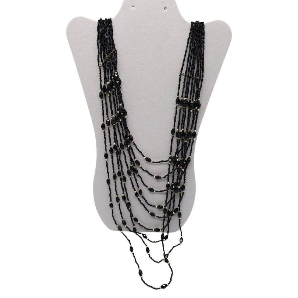 Multi Strand Black Seed Bead Necklace With Faceted Accents And Gold Tone Clasp